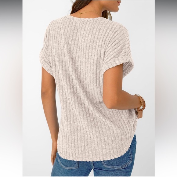 Beige Ribbed V-Neck Top - Picture 4 of 5